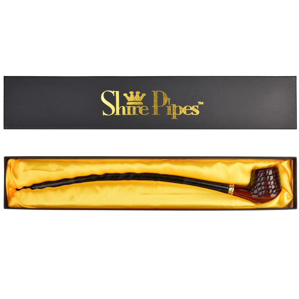 Pulsar Shire Pipes 15" Curved Cherry Wood Tobacco Pipe with intricate engravings, displayed in box