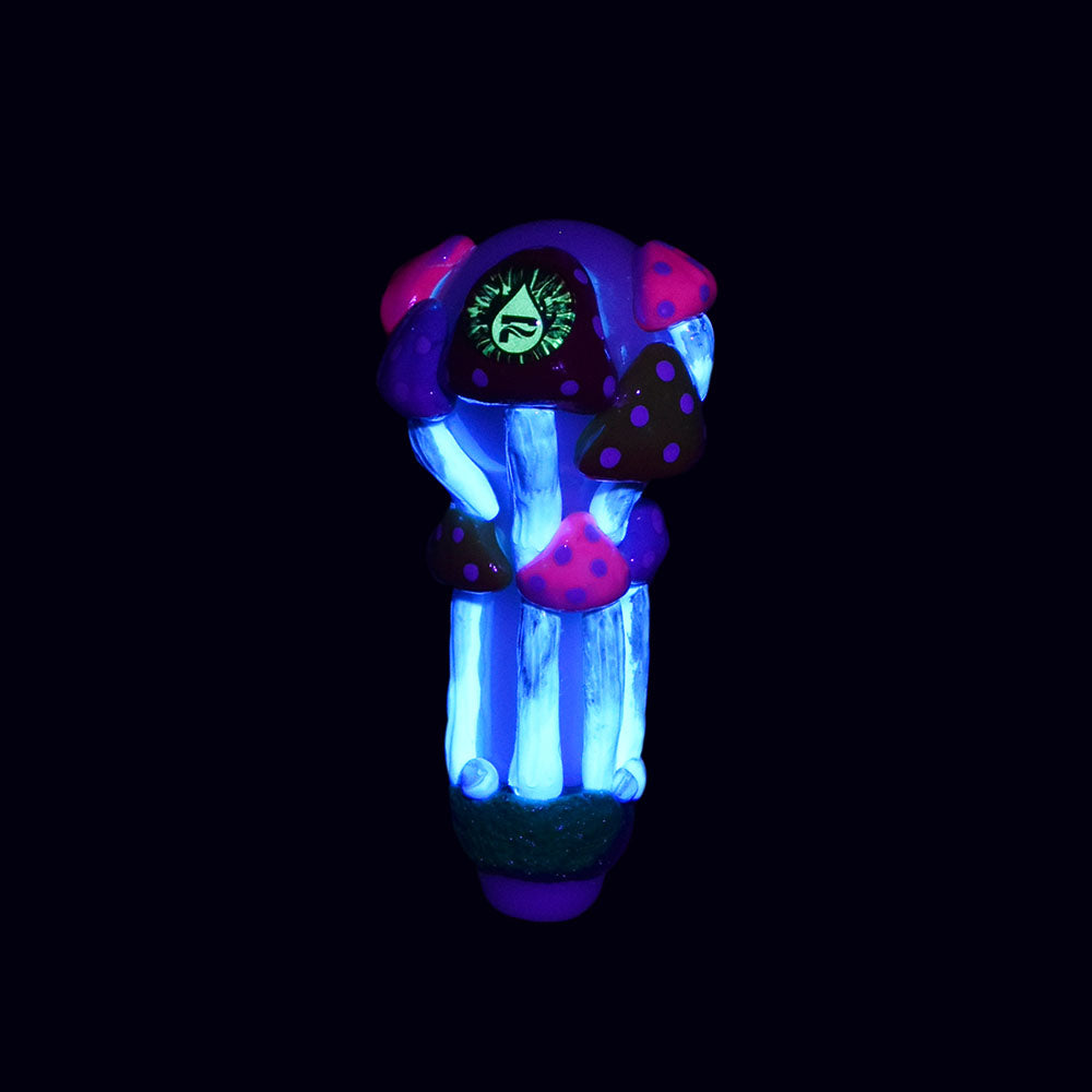 Pulsar Shroom Forest Spoon Pipe with glow-in-the-dark mushrooms, front view on black background