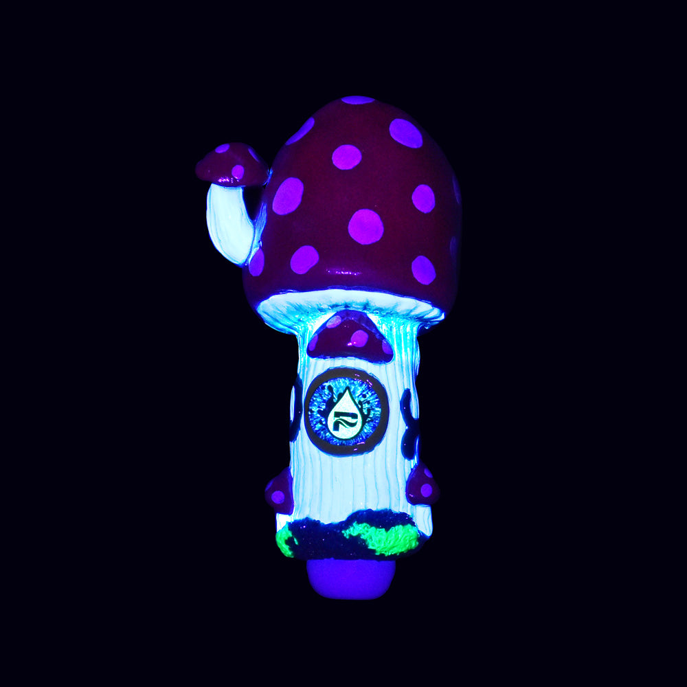 Pulsar Shroom House Spoon Pipe with vibrant mushroom design, made of borosilicate glass, front view on black