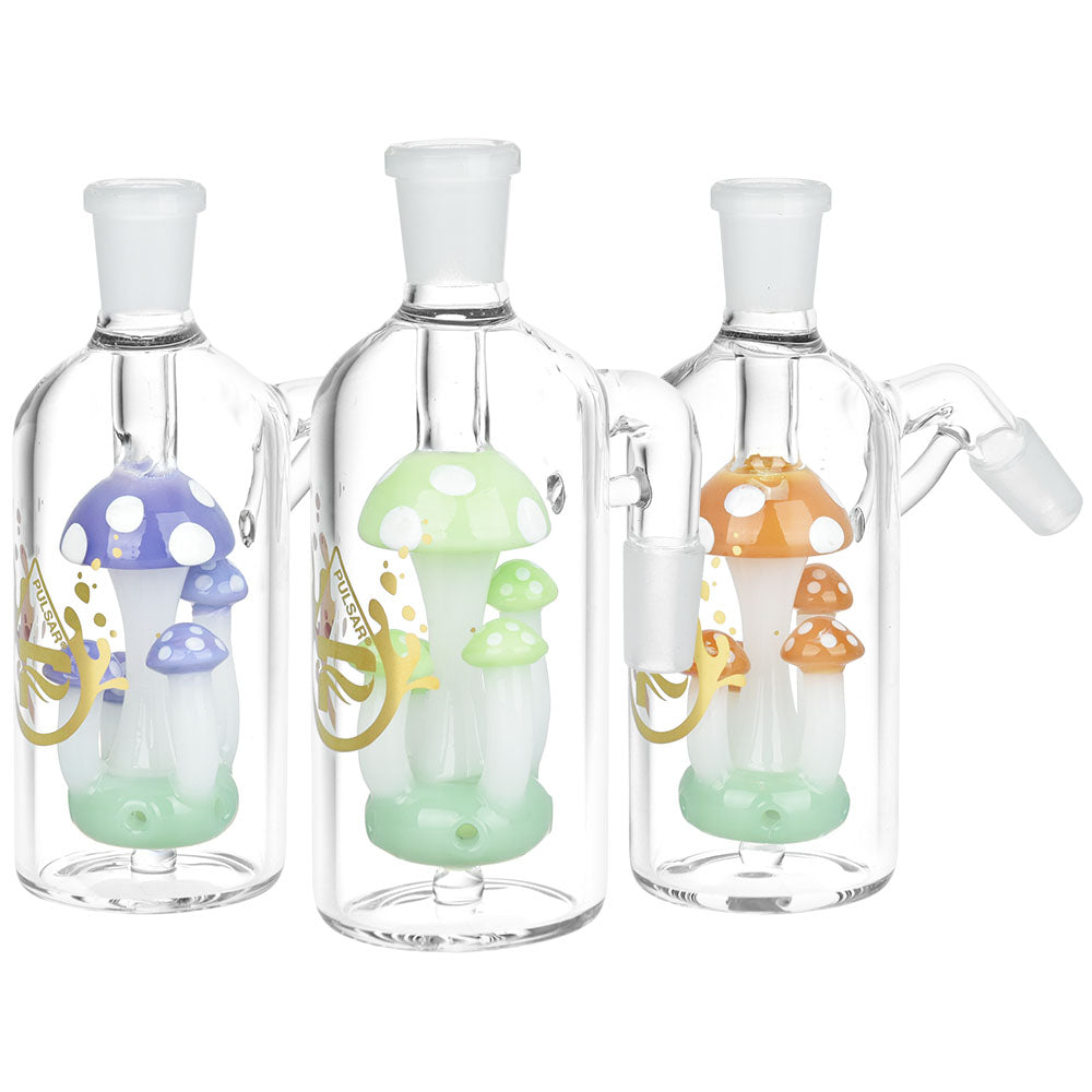 Pulsar Shroom Quintet Ash Catcher set, 5.25" height, 14mm, Borosilicate Glass, Triple View