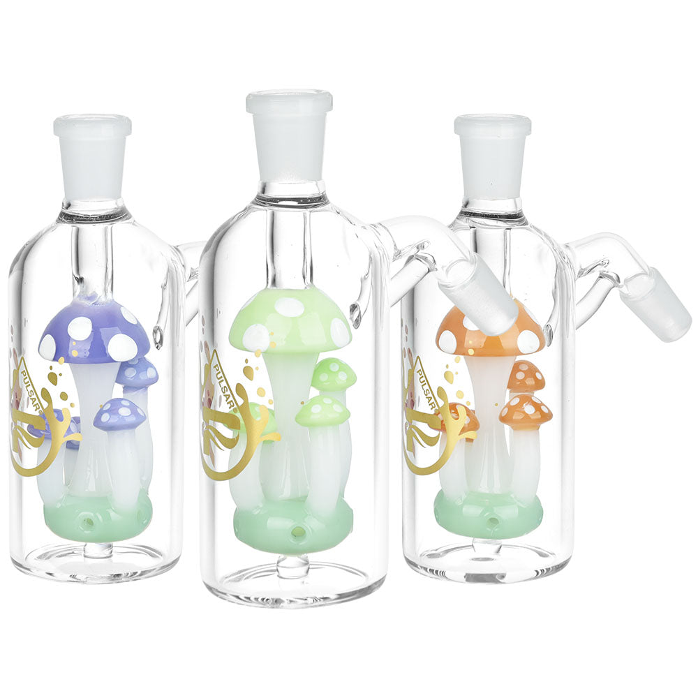 Pulsar Shroom Quintet Ash Catcher trio, 5.25" height, 14mm, featuring colorful mushroom designs