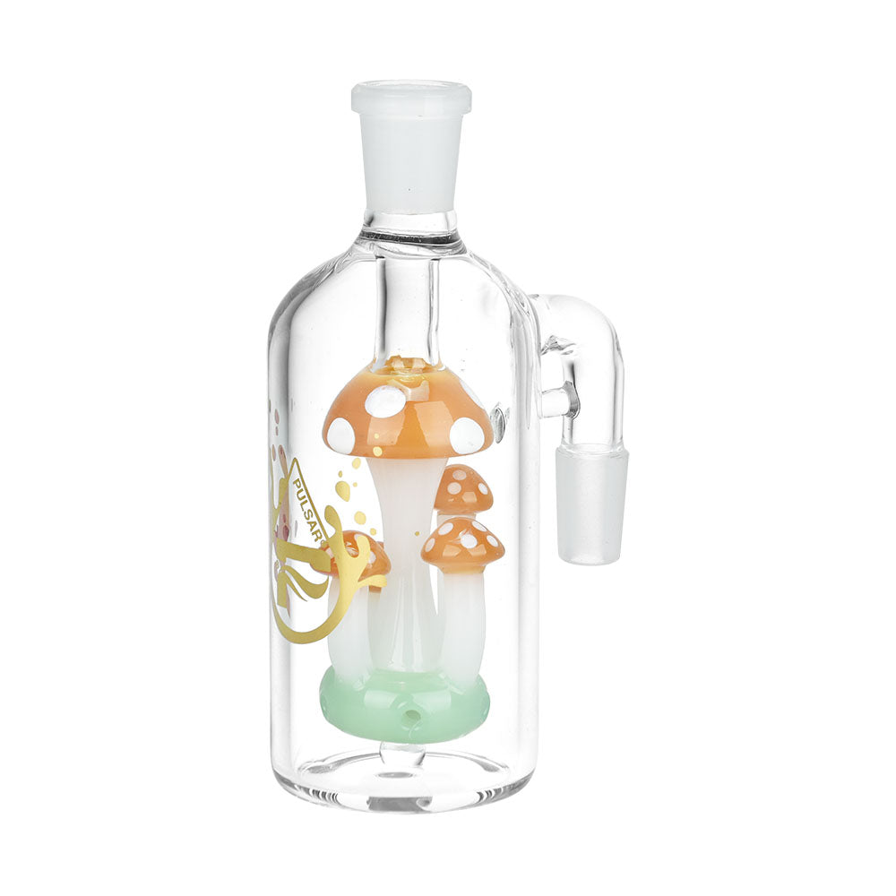Pulsar Shroom Quintet Ash Catcher, 5.25" tall, 14mm joint, featuring colorful mushroom design, front view.