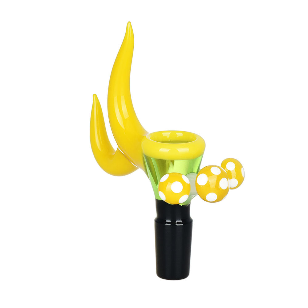 Pulsar Shroom Spur 14mm Male Herb Slide, yellow mushroom design, borosilicate glass, front view