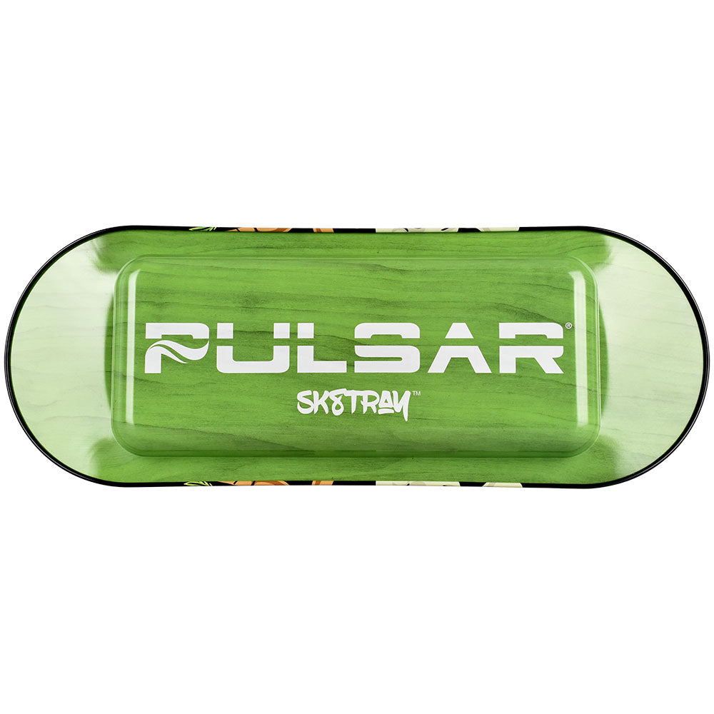 Pulsar SK8Tray Metal Rolling Tray with Herbal Wisdom design, large 7.25"x19.75" size, top view