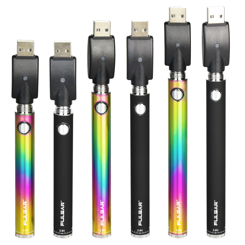 Pulsar Slim Spinner VV Batteries in Black and Rainbow, Compact Design, Front View