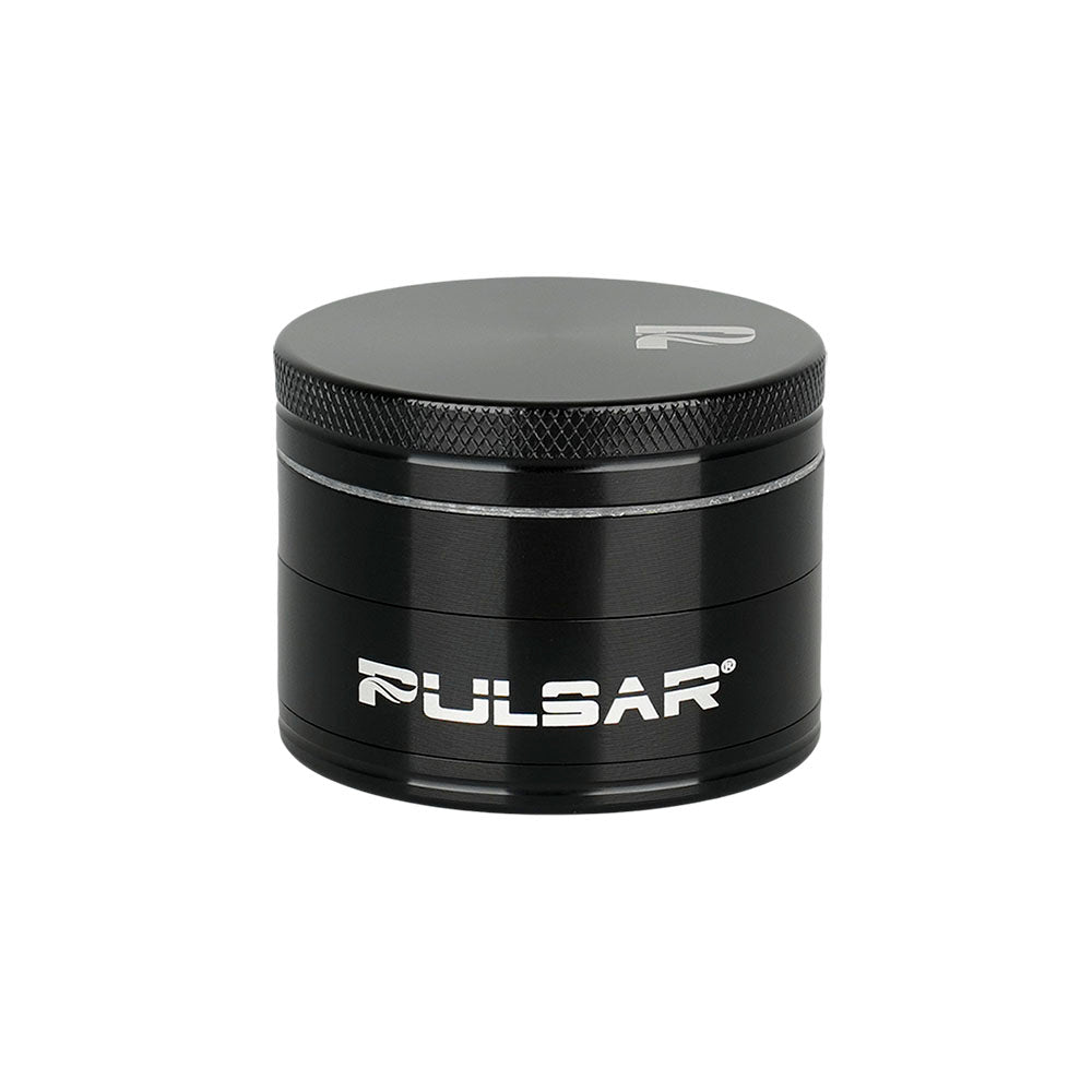 Pulsar Solid Top Aluminum Grinder, 4-piece, in Black, front view on a white background