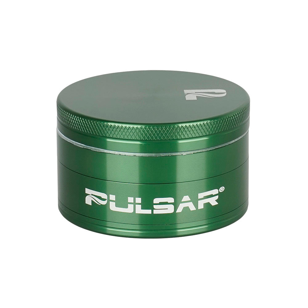 Pulsar Solid Top Aluminum Grinder in Green, 4pc with textured grip, front view on white background