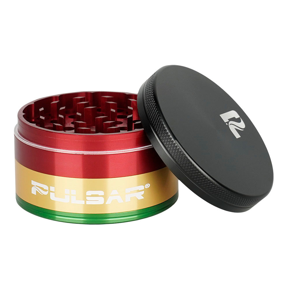 Pulsar Solid Top 4-Piece Aluminum Grinder in Rasta Colors - Front View