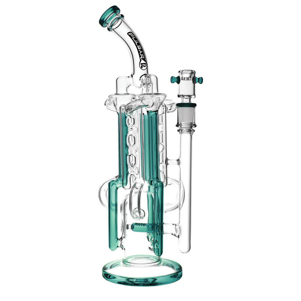 Pulsar Space Station Recycler Water Pipe in Teal, 13.5" with 14mm Female Joint, Borosilicate Glass, Front View