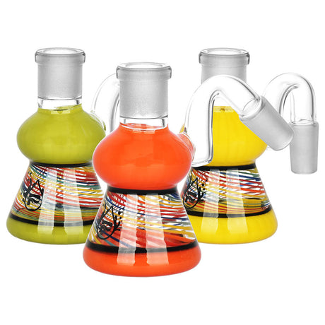 Pulsar Sweet Dreams Dry Ash Catchers in red, yellow, and green with 14mm joint angled at 45 and 90 degrees