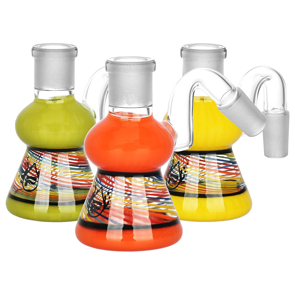Pulsar Sweet Dreams Dry Ash Catchers in red, yellow, and green with 14mm joint angled at 45 and 90 degrees