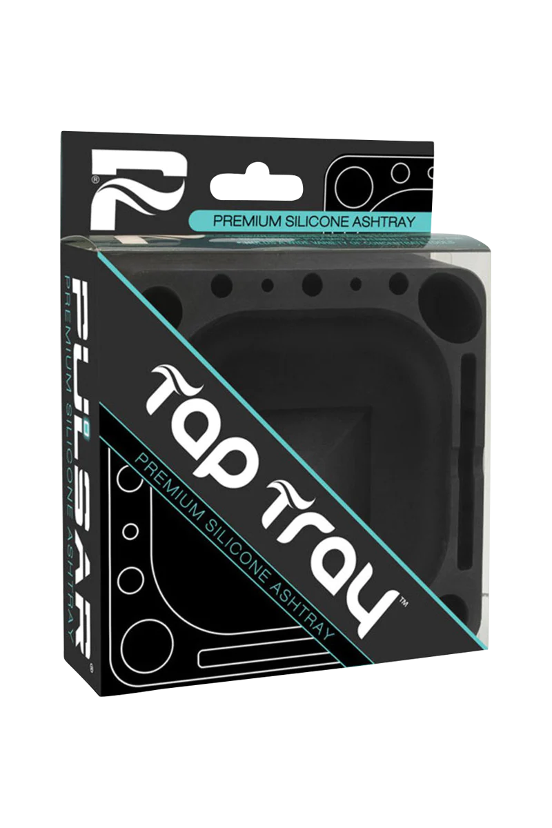 Pulsar Tap Tray in black silicone, 5.25" x 5.25" size, ideal for concentrates and dry herbs, packaging view