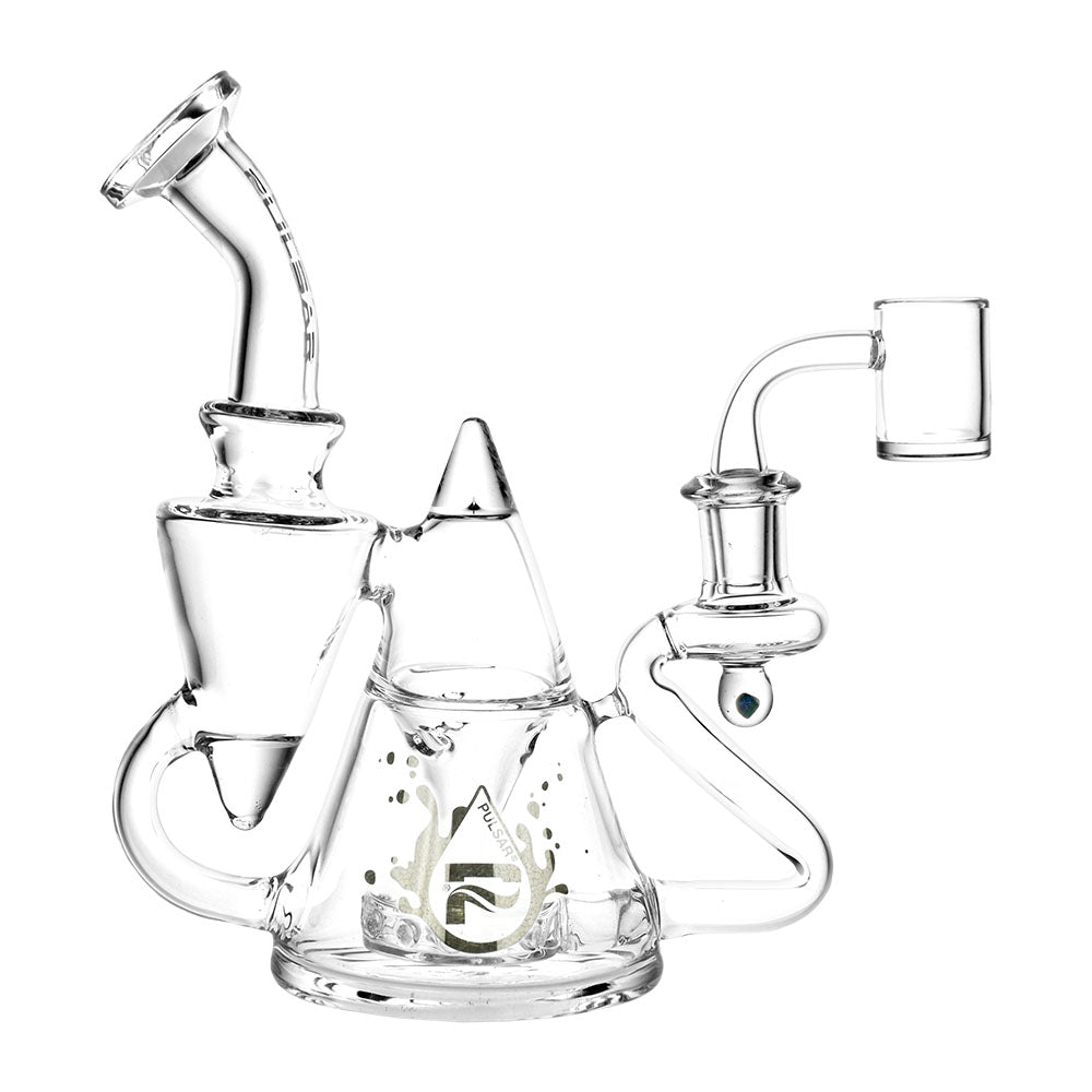 Pulsar Tea Pot Recycler Rig in clear borosilicate glass, 7.75" tall with a 14mm female joint, front view