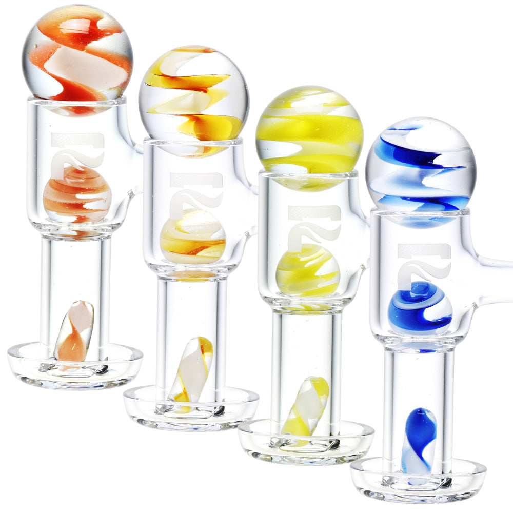Pulsar Terp Slurper Set with colorful swirls, Quartz No Weld Banger, front view on white background