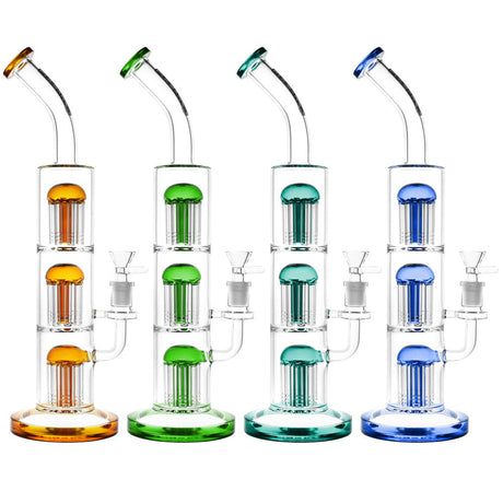 Pulsar Triple Jellyfish Perc Water Pipes in varied colors with clear borosilicate glass, front view