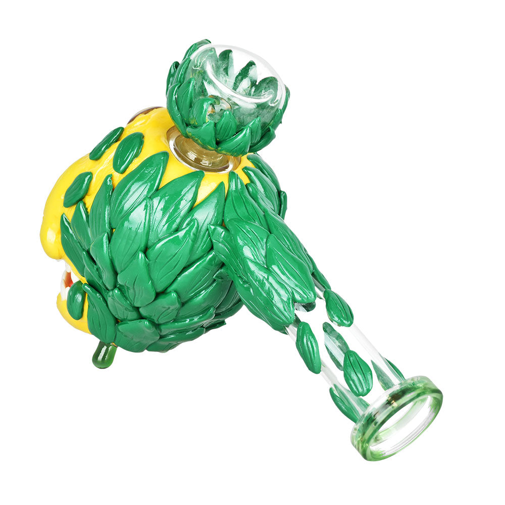 Pulsar Trippy Pineapple Bubbler Pipe, 8" tall, 19mm female joint, with tree percolator, angled view