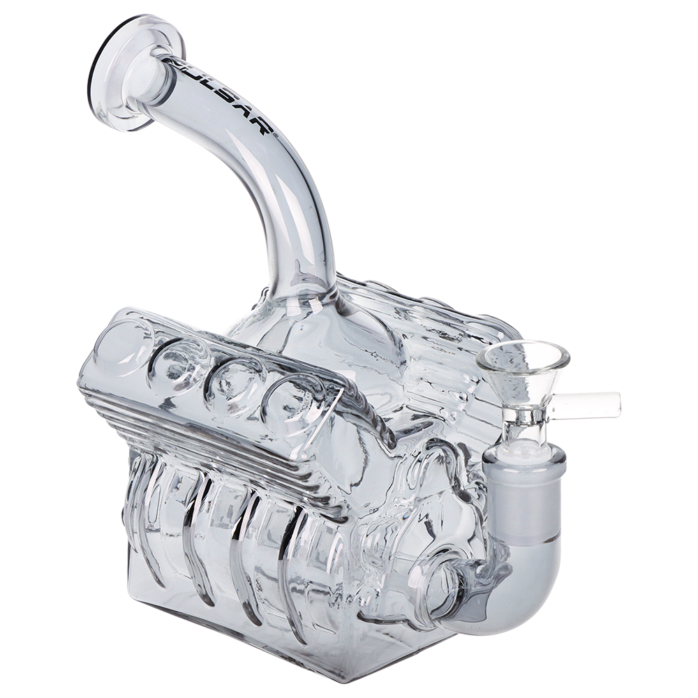 Pulsar V8 Engine water pipe includes a 14mm male herb slide with a rod handle for dry herb