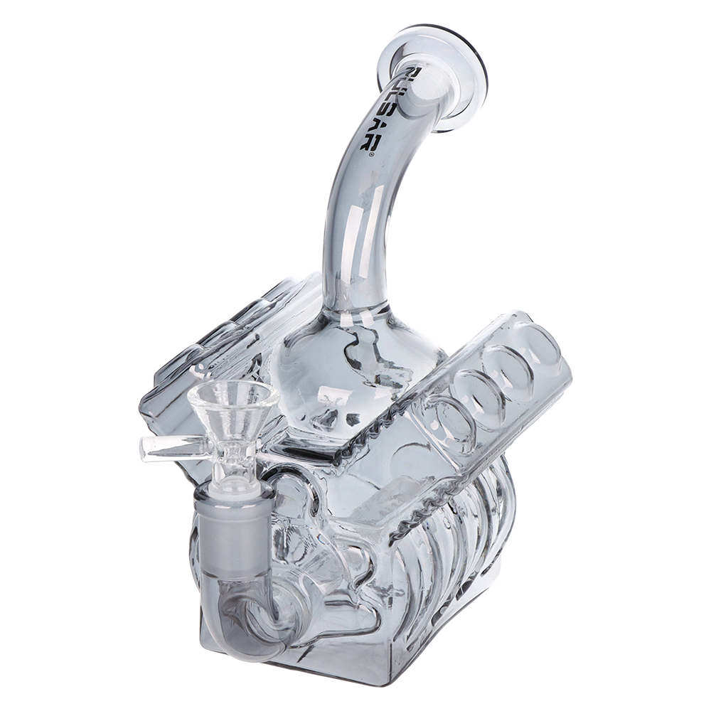 Pulsar V8 Engine novelty bong in borosilicate glass with a smoke-colored electroplated exterior