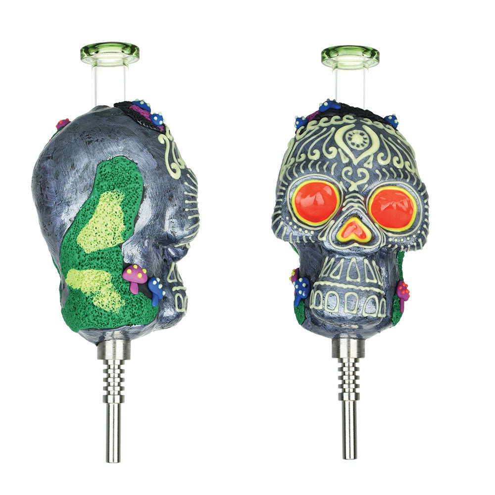 Pulsar Voodoo Skull Vapor Vessel with Titanium Tip, Dual Side View, Borosilicate Glass