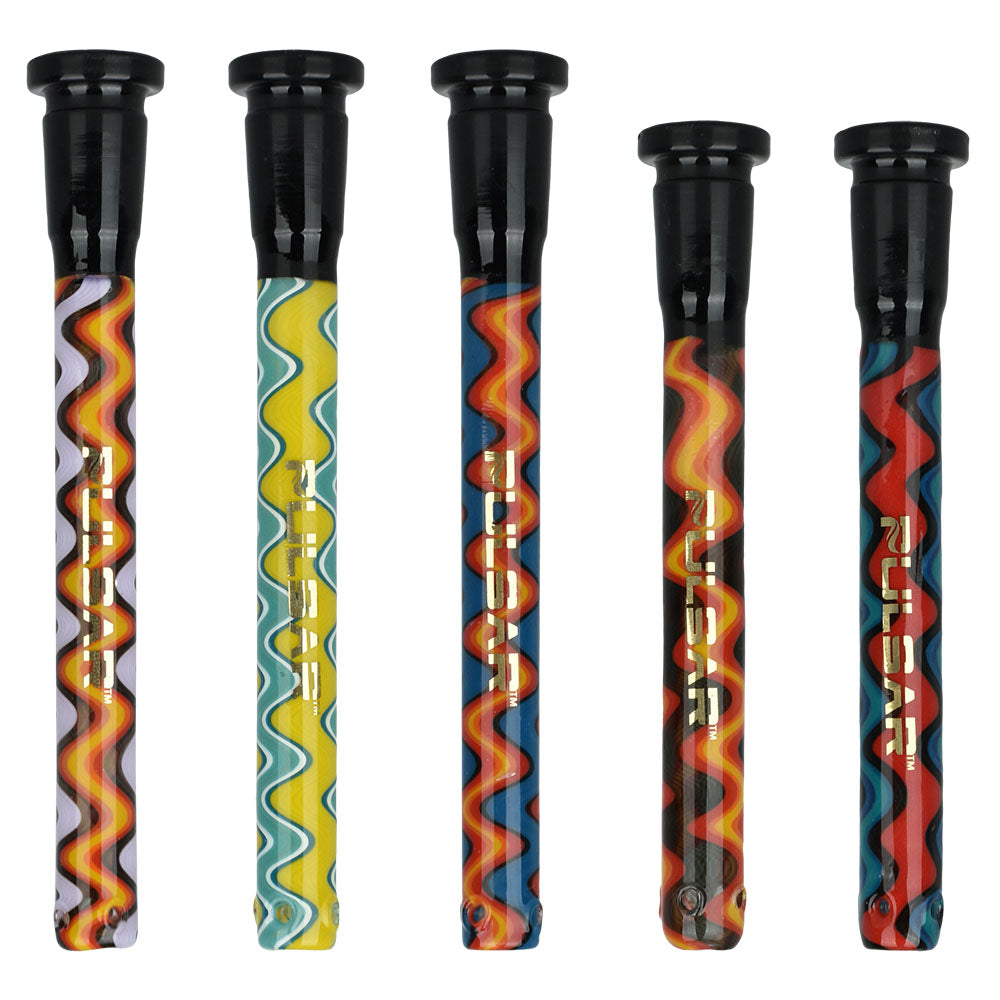 Pulsar Wiggle Wave Downstems 14mm set of 5 with unique colorful designs, front view on white background