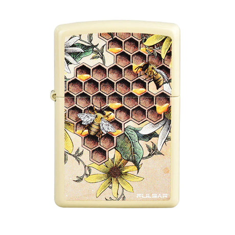 Pulsar Zippo Lighter Series 3 featuring honeycomb and bees design, front view on white background