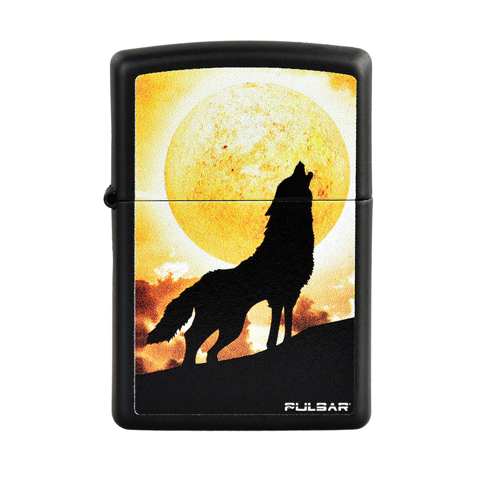 Pulsar Zippo Lighter Series 3 'Howl at the Clouds' - Black Matte with Wolf Design