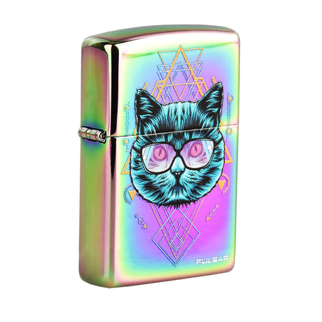 Pulsar Zippo Lighter Series 3 with Sacred Cat Geometry design, Spectrum finish, front view