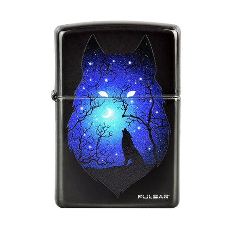 Pulsar Zippo Lighter Series 3 with Wolf & Stars design on Black Ice background, front view