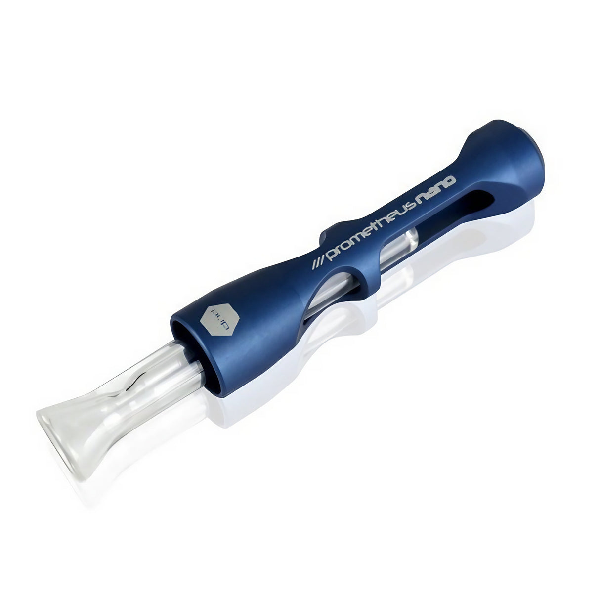 Pyptek Prometheus Nano Pipe in Blue - Compact 3" Aluminum and Glass Chillum for Dry Herbs, Angled View