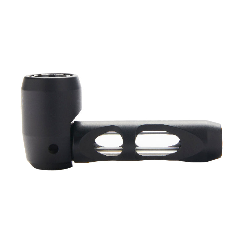 Pyptek Prometheus Pocket Pipe in Black, Portable Aluminum and Borosilicate Glass, Side View