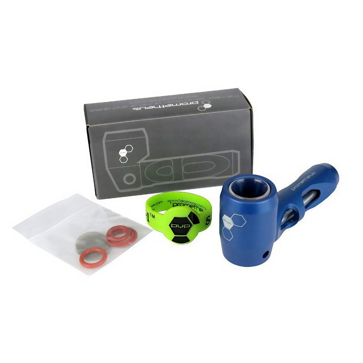 Pyptek Prometheus Pocket Pipe in blue with accessories and packaging, durable design for dry herbs