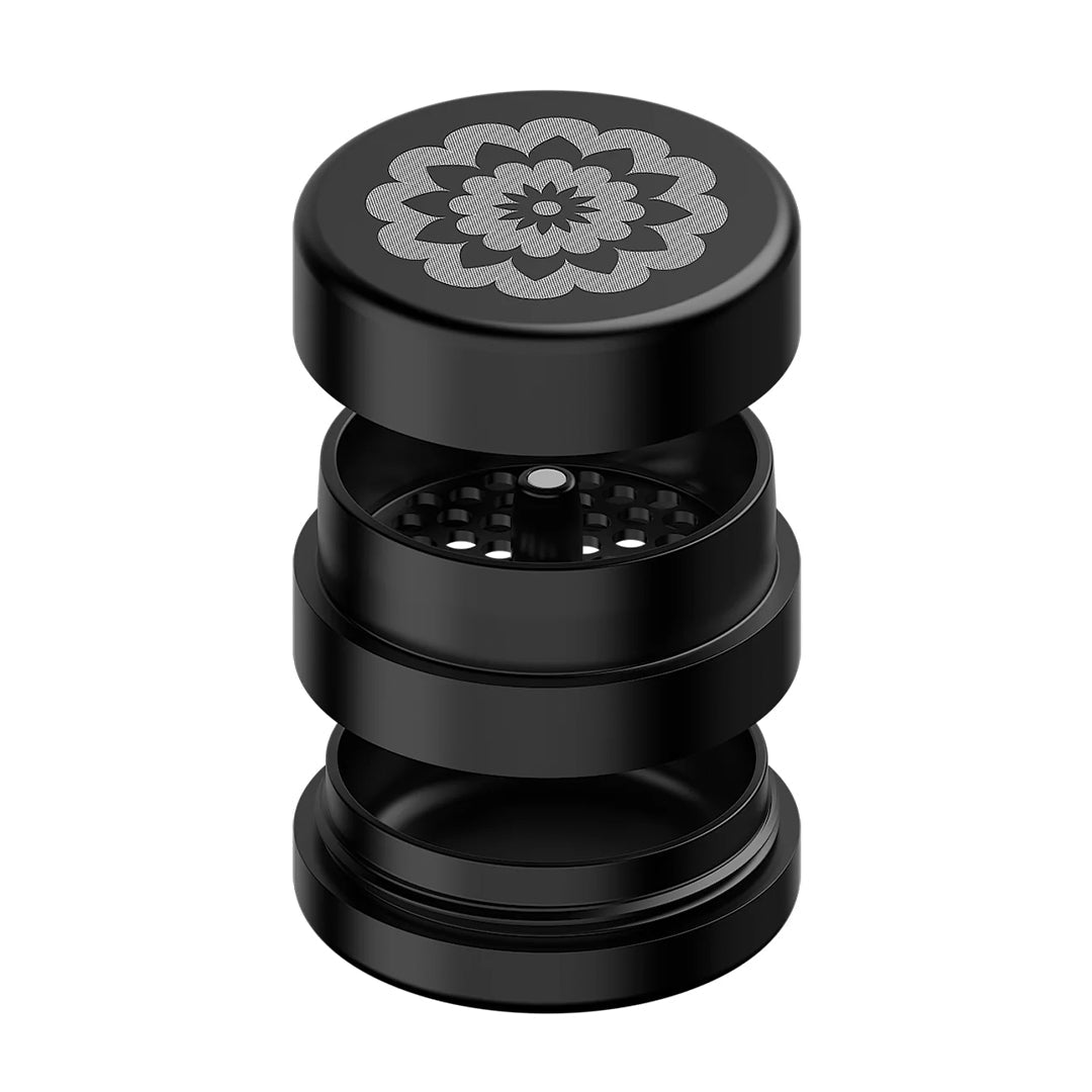 Flower Mill 2.5" Next Gen Standard Grinder in Black with Etched Floral Design - Front View