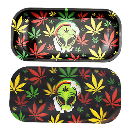 Rasta Alien Rolling Tray with 3D Magnetic Cover featuring vibrant rasta-colored leaves, top and open view
