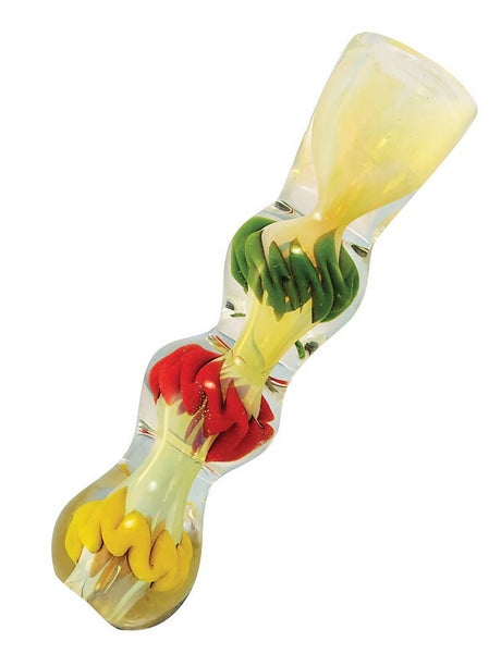 Rasta Color Fumed Chillum Pipe, Borosilicate Glass, 3" One-Hitter, Side View on White