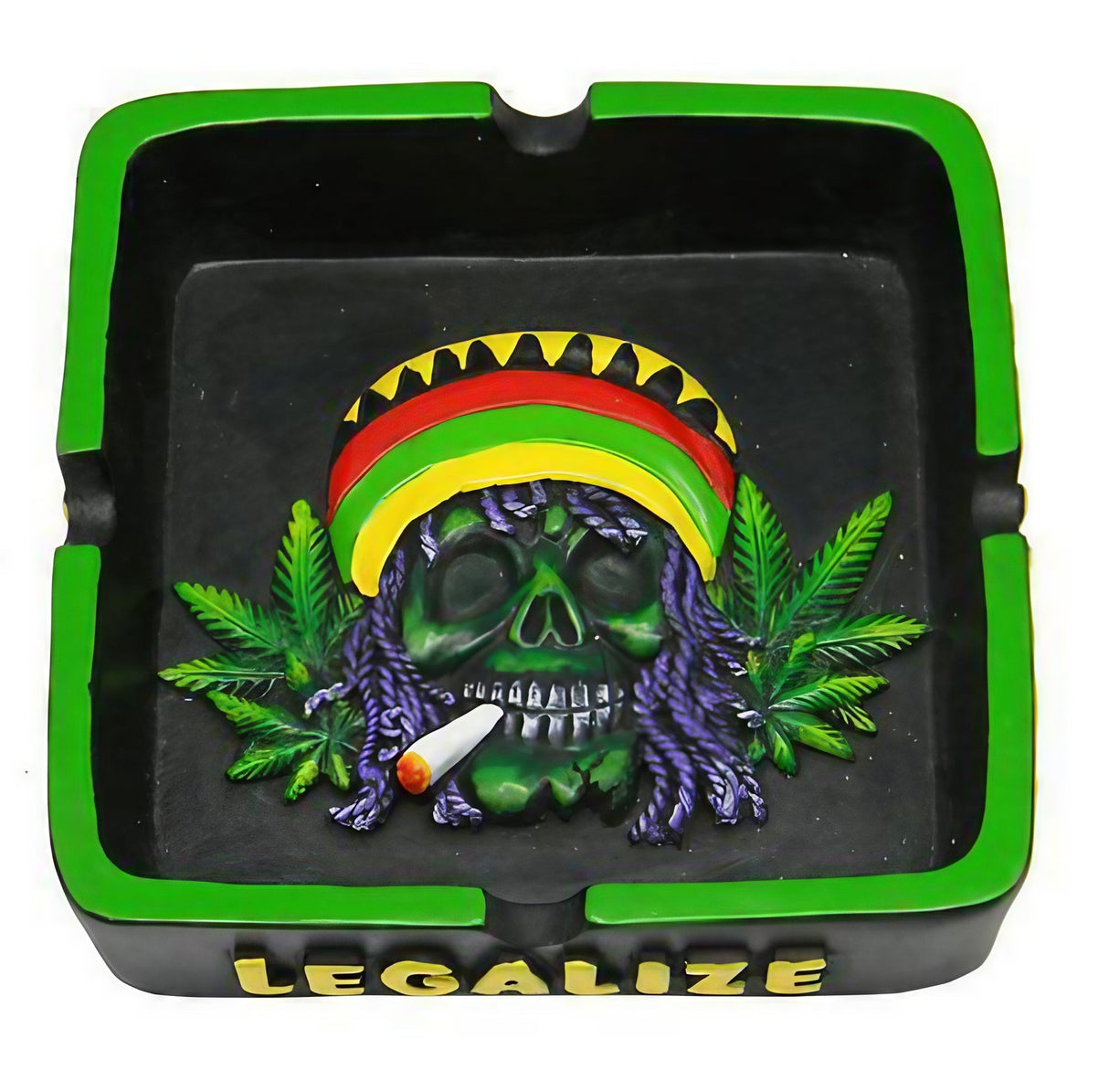 Rasta Skull Hemp Leaf Ashtray with vibrant Rasta colors and legalize slogan, front view