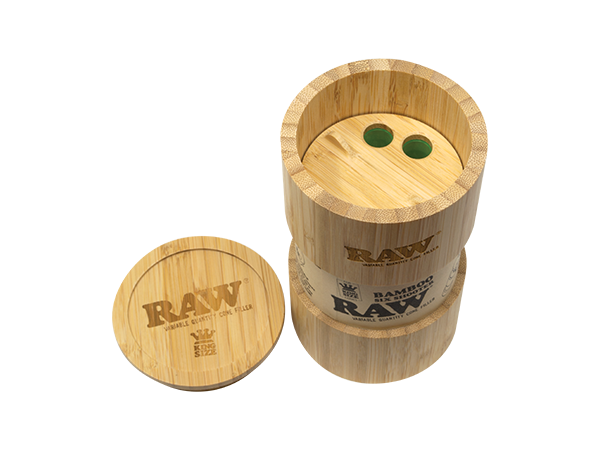 RAW Bamboo Six Shooter for 1 1/4" to King Size Rolling Papers, Angled View with Lid Off