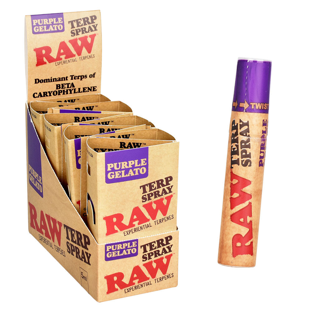 RAW CDT+ Terp Spray 5ml display with Purple Gelato variant, easy-to-use twist top