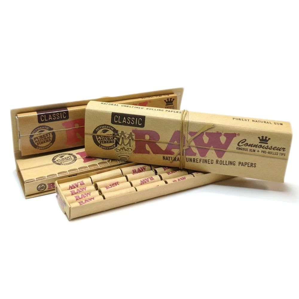 RAW Classic King Size Slim Tips and Connoisseur Rolling Papers angled view