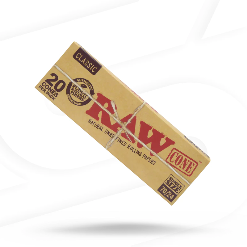RAW Classic Single Size Cones 12 Pack, natural unbleached pre-rolled cones, front view on white background
