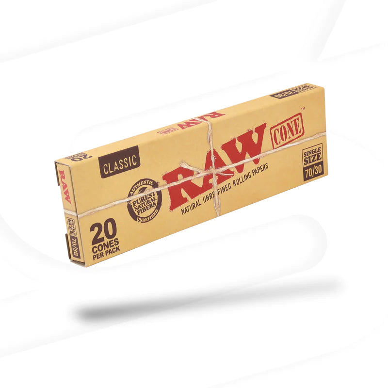 RAW Classic Single Size Unbleached Cones 12 Pack angled front view on white background