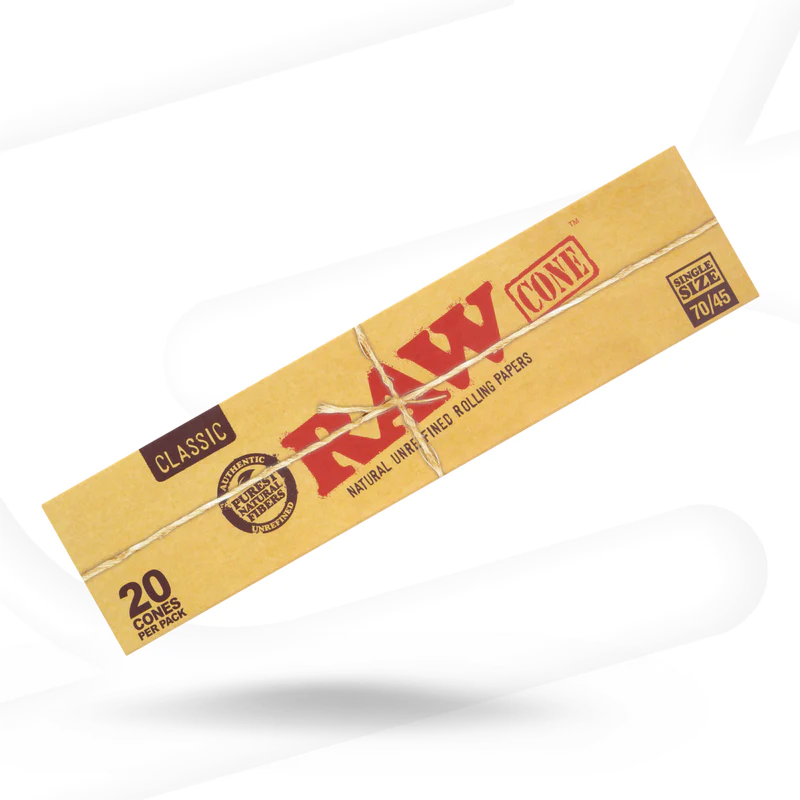 RAW Classic Single Size Cones 12-Pack, unbleached pre-rolled papers, front view on white background