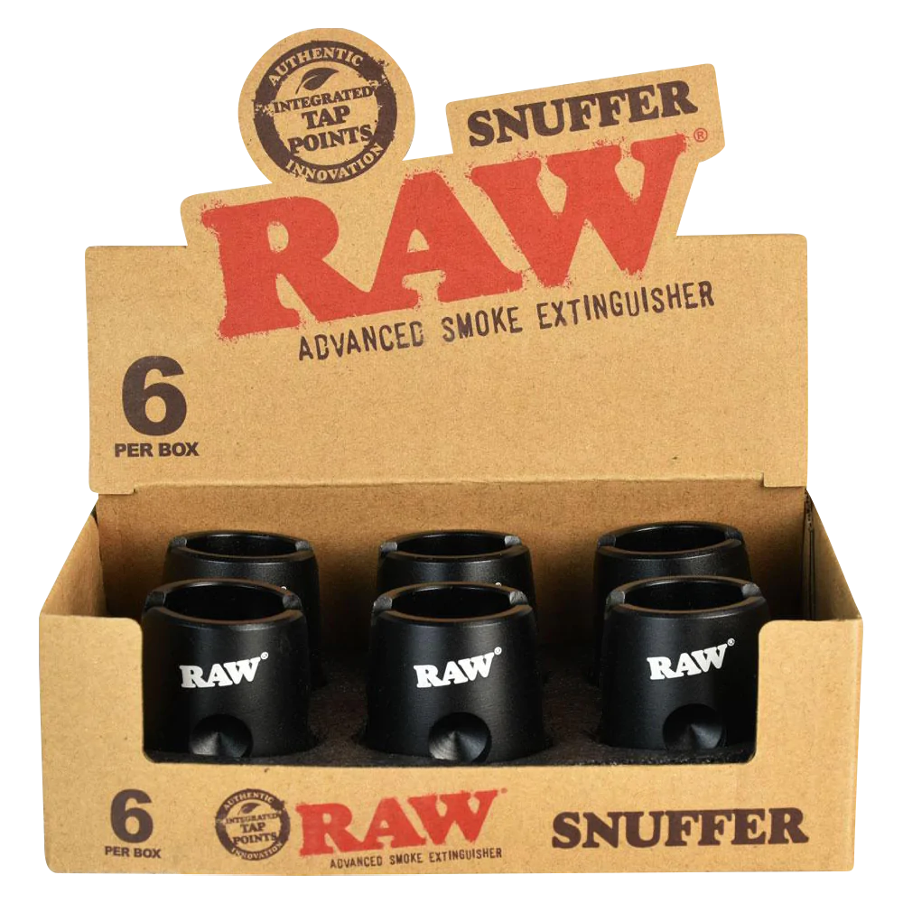RAW Cone Snuffer 6-Pack, Metal Rolling Accessory, Front View with Packaging