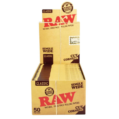 RAW Cut Corners Single Wide Rolling Papers display box from Spain, made of hemp, front view