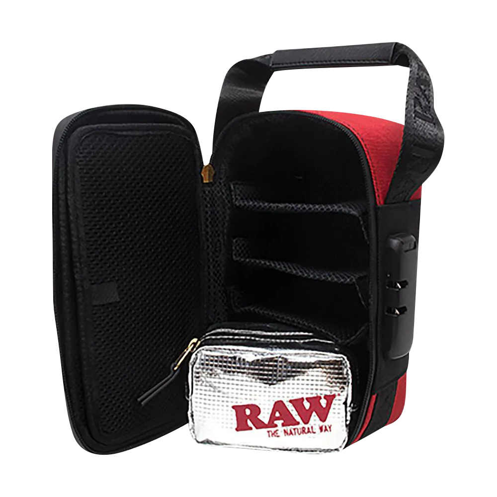 RAW Dank Locker CarryRawl open view with Full Foil Terp Bag, secure storage for bongs
