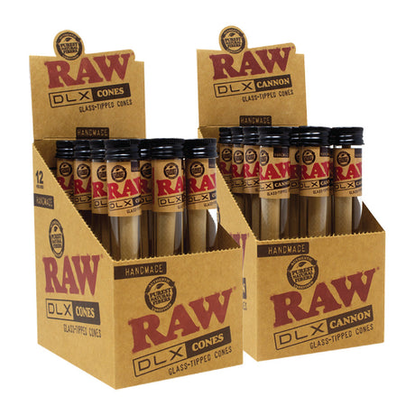 RAW DLX Glass Tipped Cones display box with 12 clear glass-tipped rolling papers for dry herbs