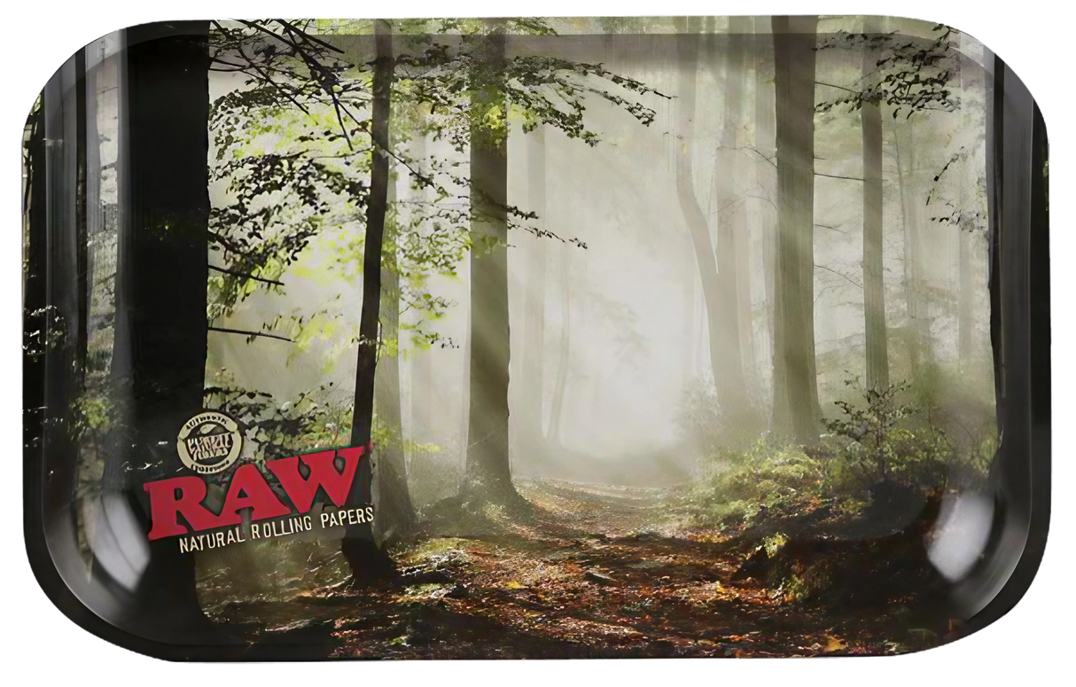 RAW "Forest" Design Metal Rolling Tray, Front View with Misty Woods Graphic