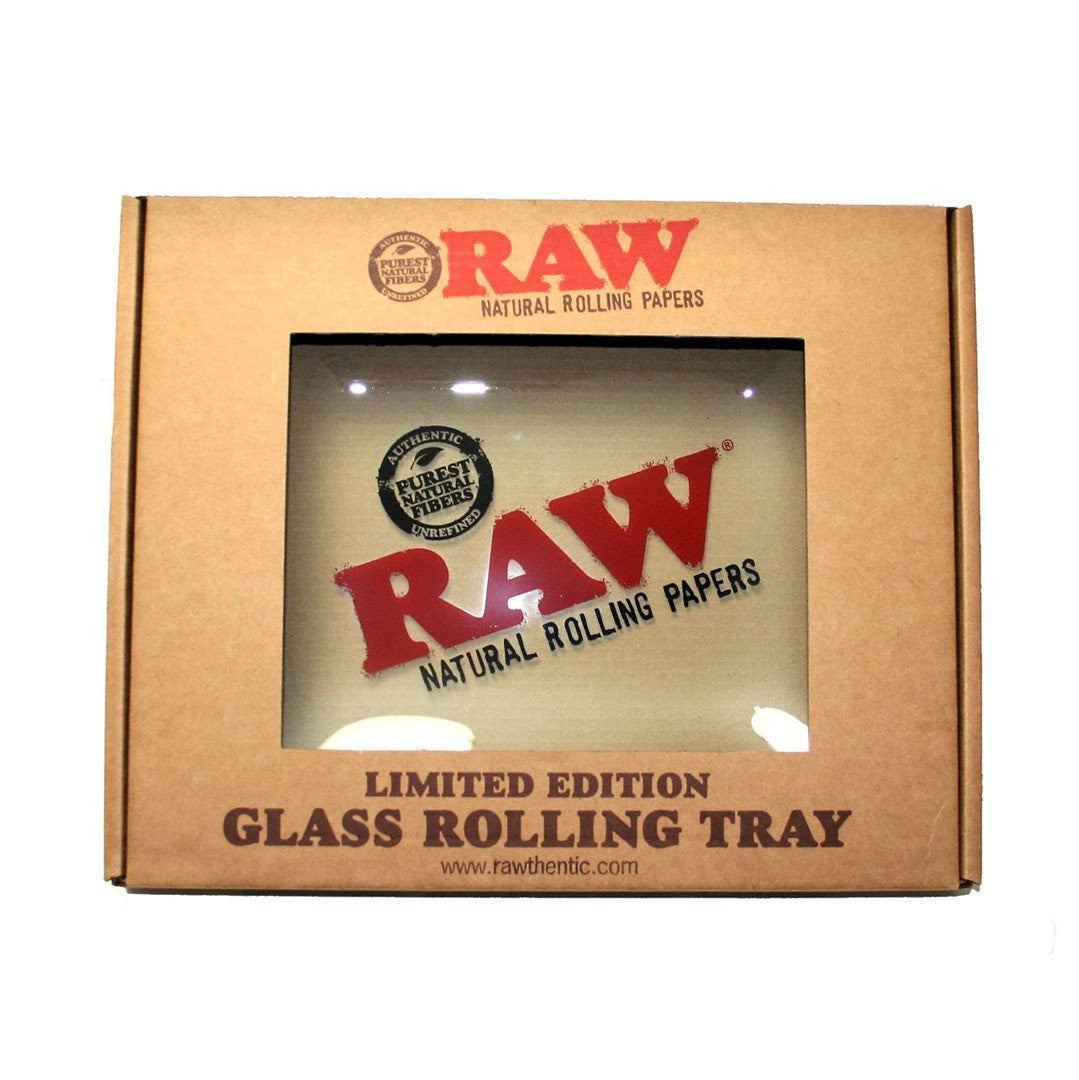 Front view of RAW Limited Edition Borosilicate Glass Rolling Tray, 10.5" x 13", in branded box