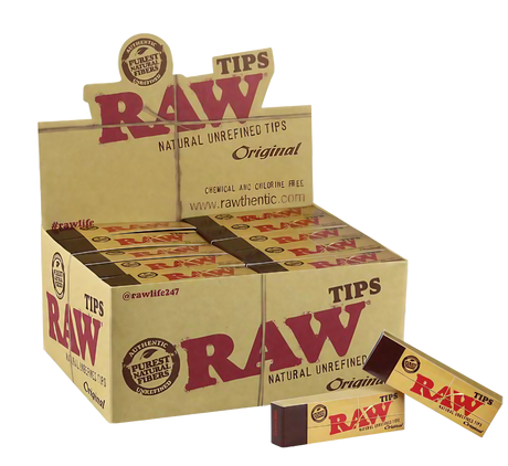 RAW Natural Unrefined Tips 50 Pack displayed in bulk box, ideal for rolling accessories