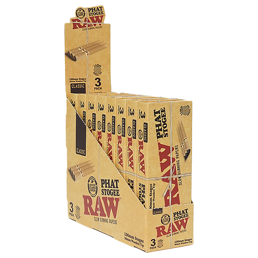 RAW Phat Stogee 100mm pre-roll rolling papers with wooden tip, 8 pack display of 3-roll packs