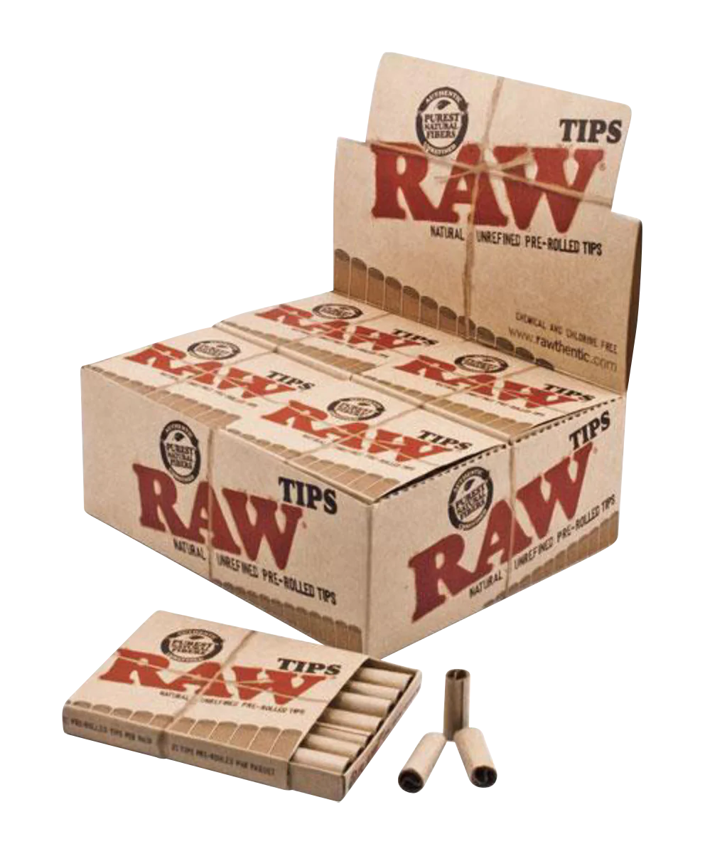 RAW Pre-Rolled Tips 20 Pack display, unbleached rolling accessories for dry herbs